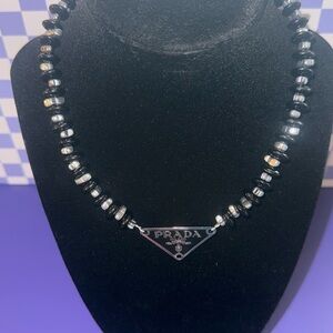 Prada Black Beaded Necklace with Triangle Logo Pendant